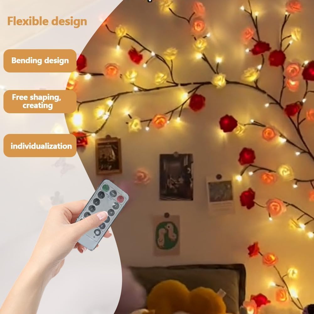 BomKra Rose LED Tree Branch Lights for Wall,Rose Blossom Willow Vine Branch Room Decor Gift,Flexible DIY Design,with 144 LED Lights and Remote,8 Lighting Modes,for Bedroom and Wall Decor (90inch)