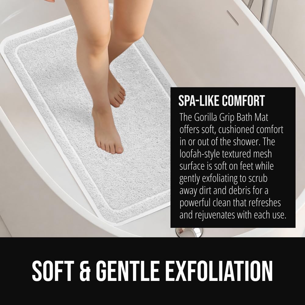 GORILLA GRIP Exfoliating Bath and Shower Mat, Textured Backing, 35x16 Soft Loofah-Style Foot Scrubber for Outside or Inside Bathtub, Quick Dry Easy Drainage Tub Floor Mats, Bathroom Essentials, White