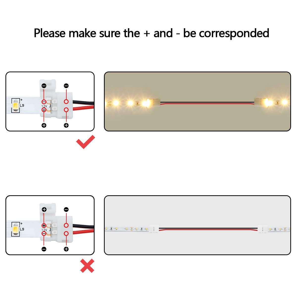 LightingWill 10pcs/Pack Strip to Strip with Wire Solderless Snap Down 2Pin Conductor LED Strip Connector for 8mm Wide 3528 2835 Single Color Flex LED Strips