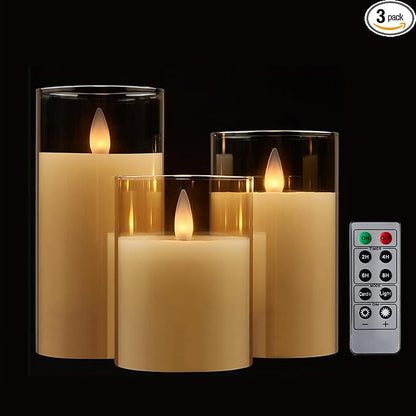 Glass Flameless Pillar Candles Flickering with Remote Timer, Battery Operated LED 3D Moving Flame Real Wax Candles,Remote Included (Champagne)