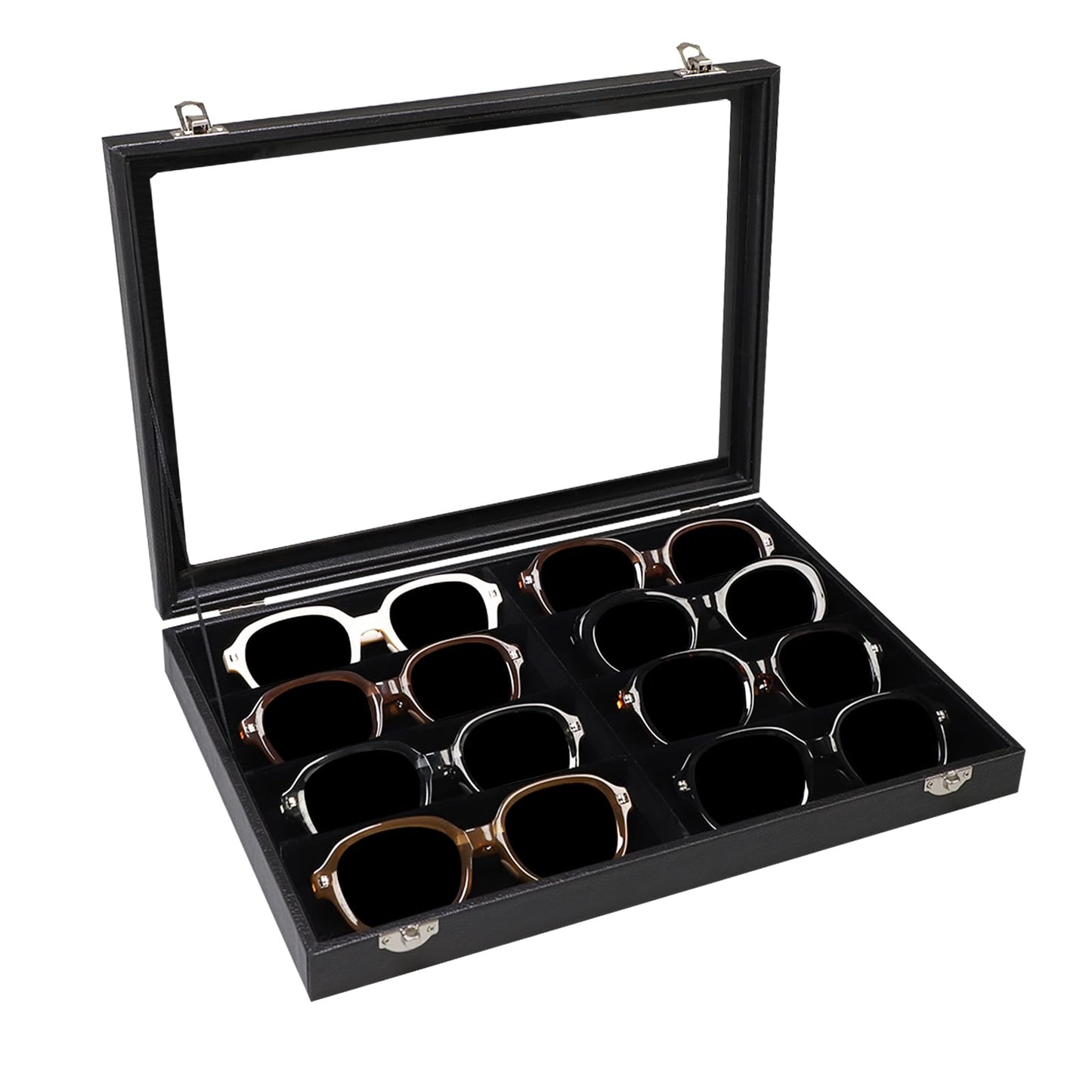 Wudygirl Jewelry and Sunglass Organizer - 8 Slot Storage With Clear Lid, Leather Eyeglasses Display for Women and Men (8 Grid)