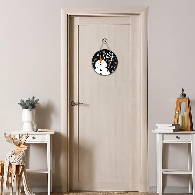 Deroro Winter Snowman Sign for Front Door Decor, Black Let It Snow Welcome Farmhouse Wood Door Hanger for Outdoor Outside Porch, Rustic Christmas Snowflakes Wooden Wreath Wall Hanging Decoration