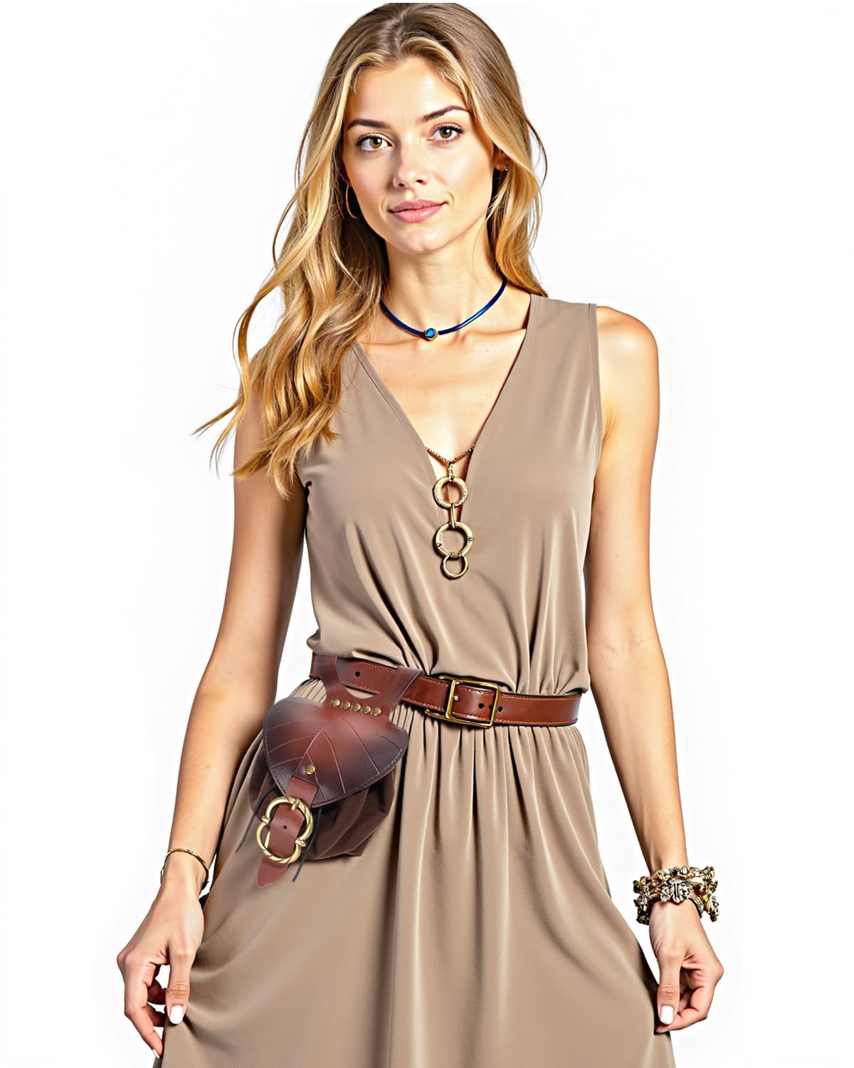 Leather Belt Pouch Medieval Vintage Renaissance Viking LARP Cosplay Costumes Drawstring Coin Purse Phone Holder Waist Bag (Leaf Brown)