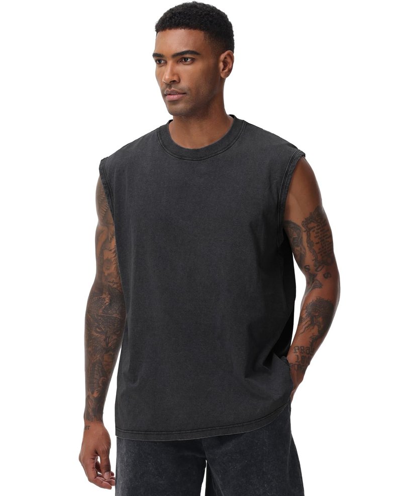 SnowElve Mens Workout Tank Tops Sleeveless Tee Shirts Men Muscle Shirt Gym Acid Wash T Shirts Running Beach Loose Fit Tee(BK,S) Black