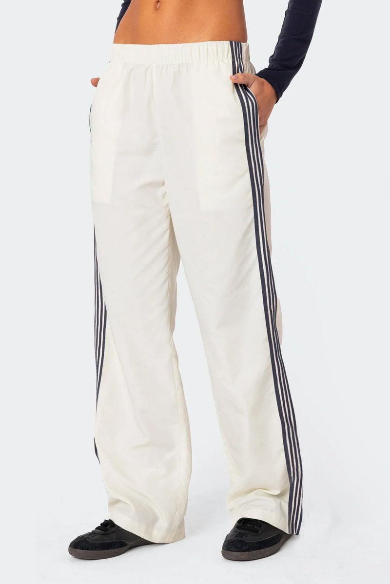 Striped Track Pants for Women Y2K Elastic Waist Wide Leg Sweatpants Teens Vintage Preppy Cute Parachute Pants Streetwear(Beige,M)