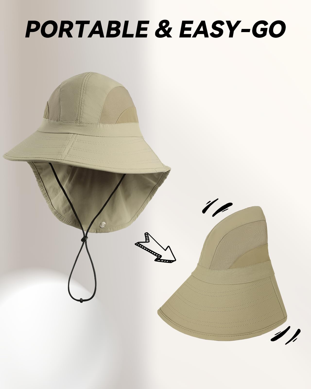 HEARTSING Sun Hat Outdoor with Large-Area Neck Flap, UV Protection Quick-Dry Breathable Fishing Hat for Hiking Garden Khaki