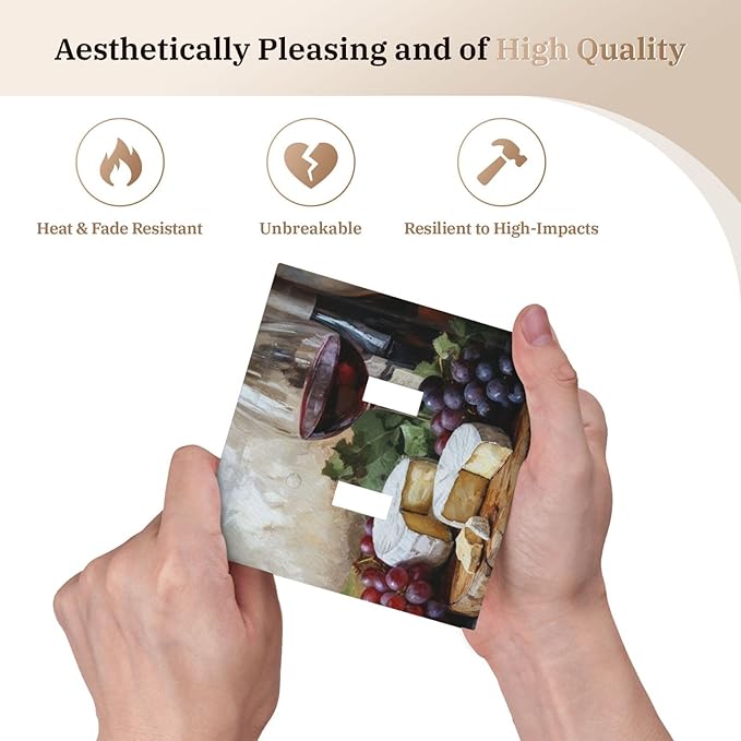Decorative Art Light Switch Covers Wineglass & Artisanal Cheeses 2 Gang Double Toggle Wall Plate Decorative Switchcover Electrical Switchplate for Home Decor