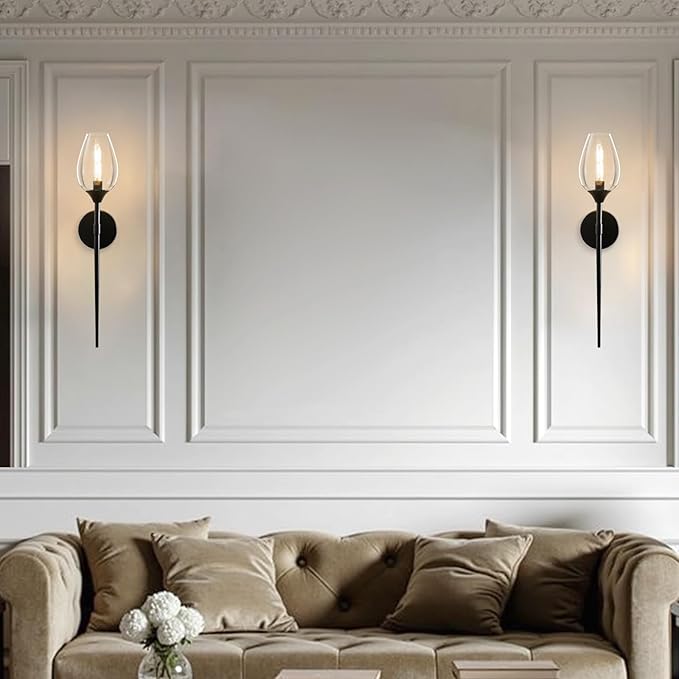 Black Glass Wall Sconce Light: Modern Decorative Sconces Lights Over Mirror - Vintage Brushed Brass Bathroom Vanity Lighting with Flower Shade - Indoor Glass Wall Mount Lamp for Bedroom Living Room
