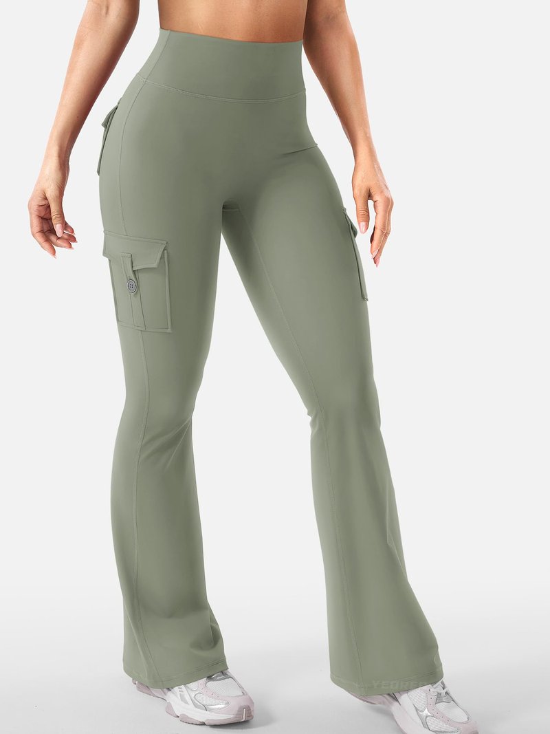 YEOREO CoreFlex Women Workout Flare Leggings with Pockets Hidden Scrunch High Waisted Cargo Gym Yoga Leggings Light Army Green M
