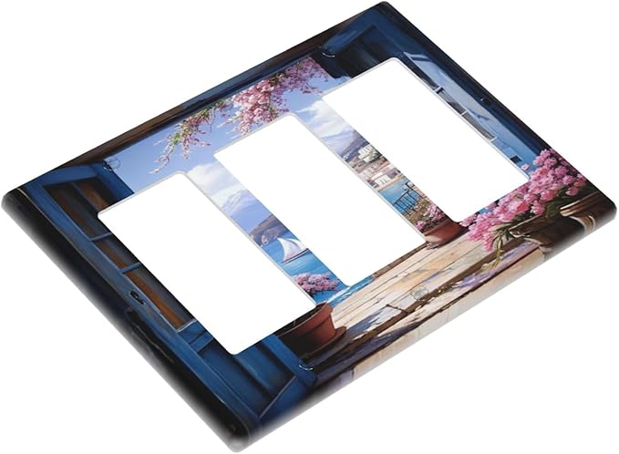 Decorative Art Light Switch Covers Seaside Window View 3 Gang Triple Rocker Outlet Switch plate GFCI Faceplate GFCI for Home Decor