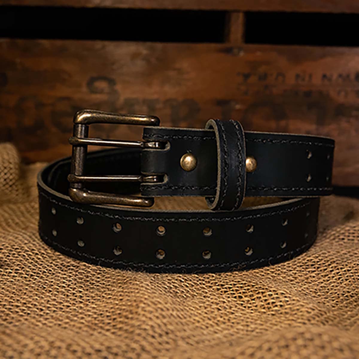 Men’s Classic Leather Belt, Double Prong Retro Style, Antique Brass Buckle, 1 ½” Width, Amish handmade in the USA (Vintage Brown, 44")