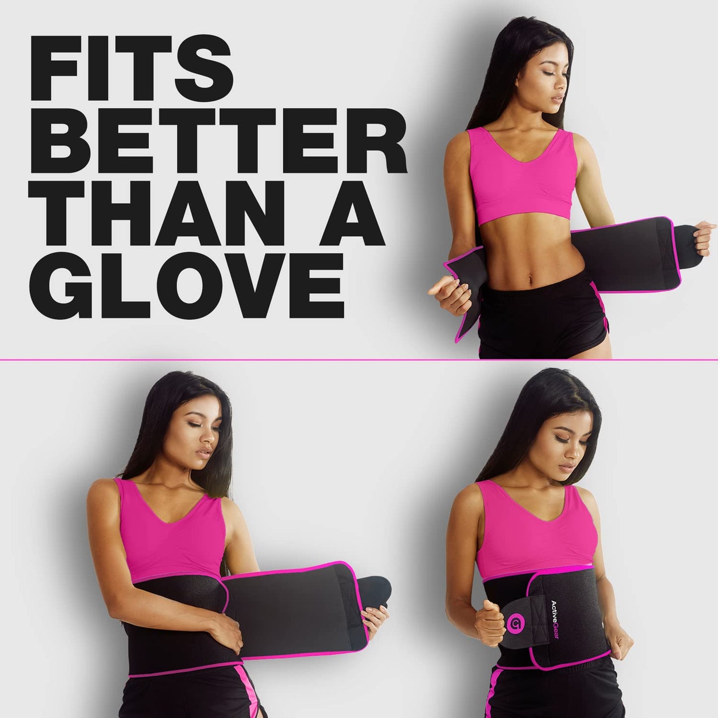 ActiveGear Waist Trainer for Women & Men - Sweat Band Waist Trimmer Belt for a Toned Look - Reinforced Trim and Extra Secure Fastening (Pink Hem, Medium: 8” x 42”)