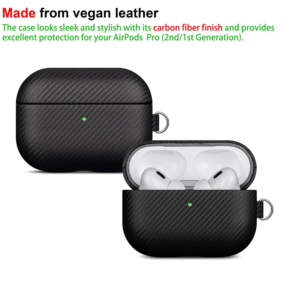 LOPIE Handmade AirPods Pro Case, Carbon Fiber Texture Vegan Leather Case with Keychain & Cleaner Kit, Protective Hard Shell Cover - Black