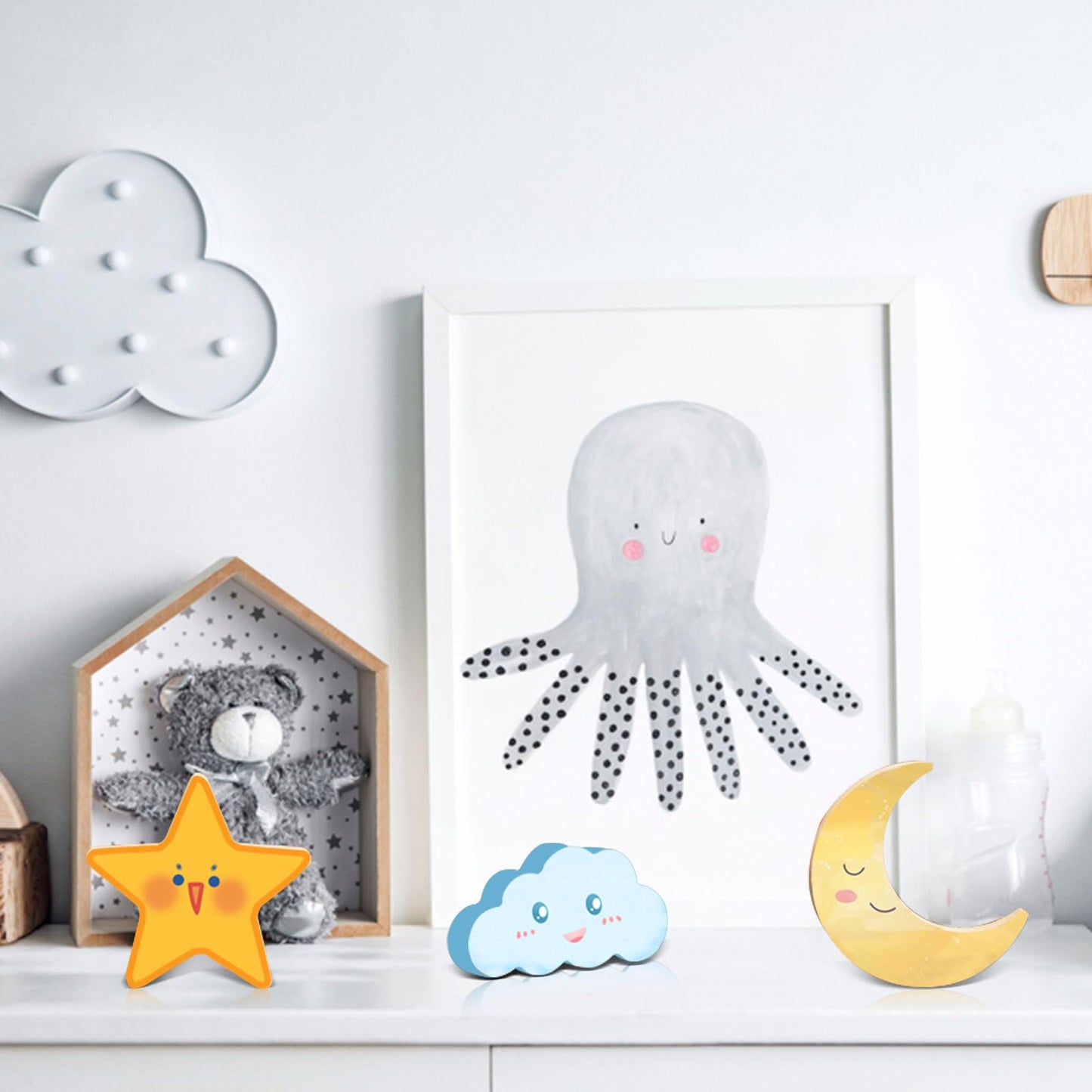 AWIZOM 12 Pcs Wooden Moon Star and Cloud Cutouts Unfinished Table Sign Blank Wood Blocks to Paint Pine Wood Table Centerpieces for DIY Crafts Back to School Boho Home Tiered Tray Decoration,3.94 Inch