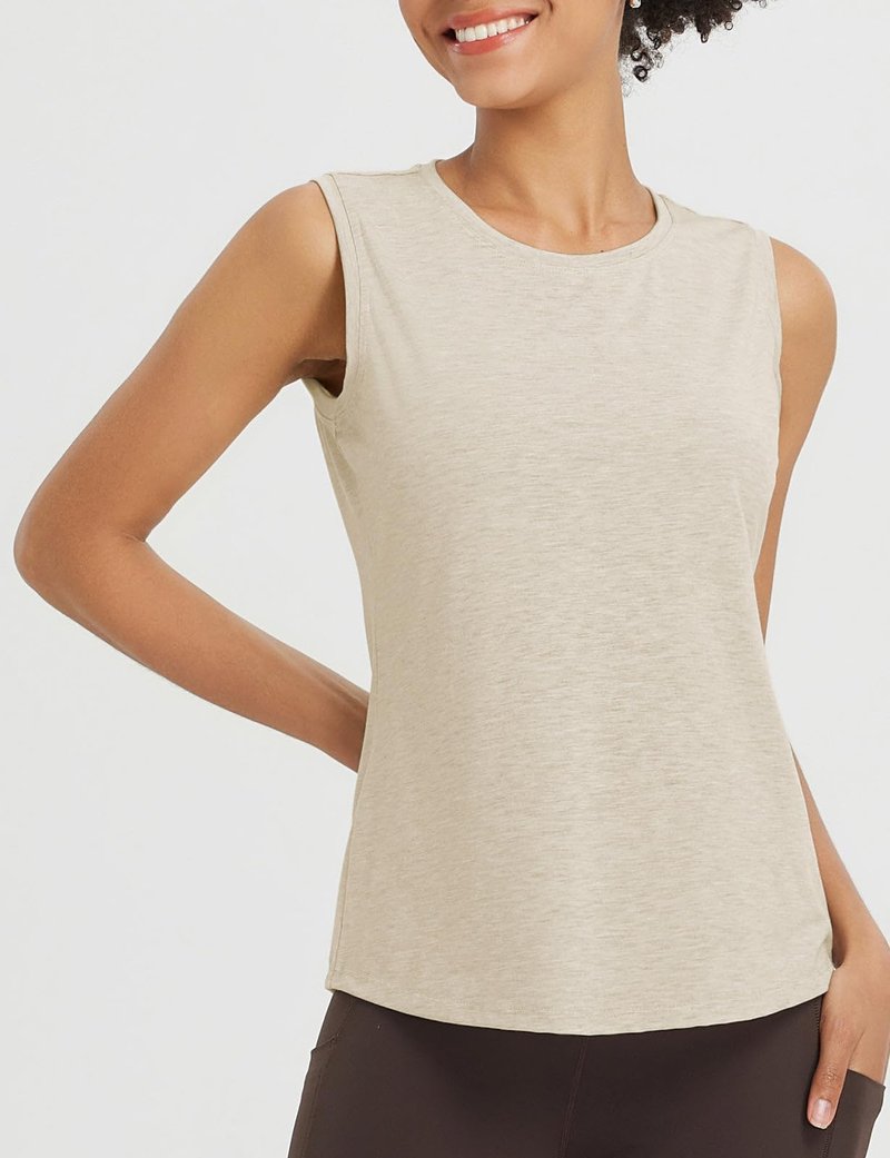baleaf Yoga Tops for Women High Neck Open Back Workout Tank Tops Sleeveless Shirts Loose Fit Athletic Gym Heather Khaki S