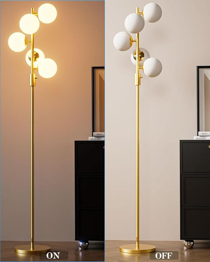 Lightdot Dimmable Globe Floor Lamp Mid Century Modern Floor Lamp with 5Pcs 3000K G9 Bulbs Stepless Brightness Adjustable Gold Standing Lamps with Stable Base for Living Room Bedroom Office