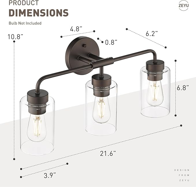 zeyu 3-Light Farmhouse Bathroom Light Fixtures, 22 Inch Bathroom Vanity Light with Clear Glass Shade, Oil Rubbed Bronze Finish, ZS62B-3W ORB