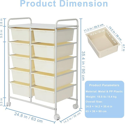 Ytaoka Rolling Cart with 10 Drawers, Plastic Drawer Cart with Metal Frame, Multipurpose Art Craft Cart Organizer with Wheels, Utility Cart with Drawers for Home, Office, School, White