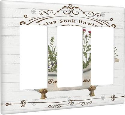 Rustic Farmhouse Wooden Board Botanical Flower Triple Rocker/Decora Wall Plate 3 Gang Light Switch Outlet Cover Plate Decorative Switchplate Electrical GFCI Faceplate for Kitchen Bathroom Decor