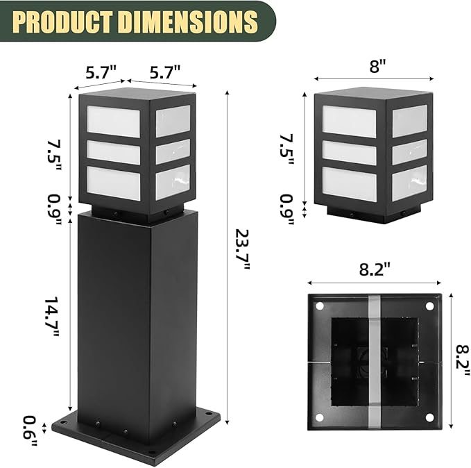 2Pack Landscape Path Lights 24" IP65 Waterproof Bollard Lights, Heavy Duty Steel Stable Widened Base E27 Lamp Holder, Modern Outdoor Path Lights Bollard for Lawn, Patio, Courtyard, Driveway, Oblong