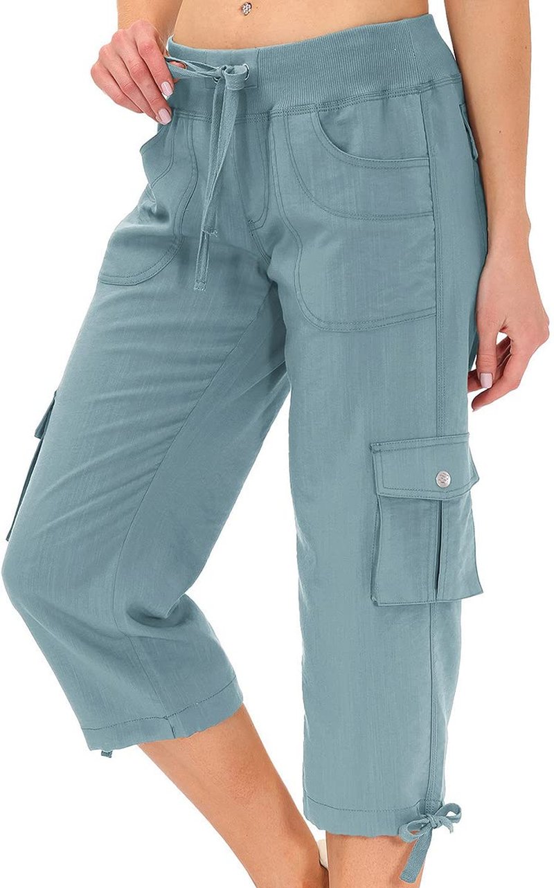 MoFiz Womens Capris with Pockets Loose Fit Casual Capri Pants Dressy Lightweight Ladies Baggy Cargo Pants for Hiking Grey Blue 4XL