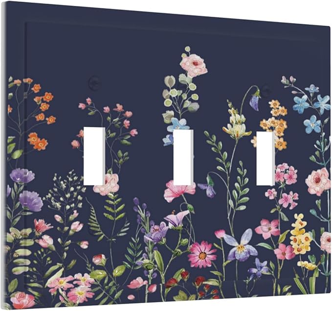 Rustic Wild Floral Darkground Vintage Watercolor Flower 3 Gang Light Switch Covers Decorative Unique Triple Toggle Wall Plate Electrical Faceplate Switchplate for Bathroom Decor