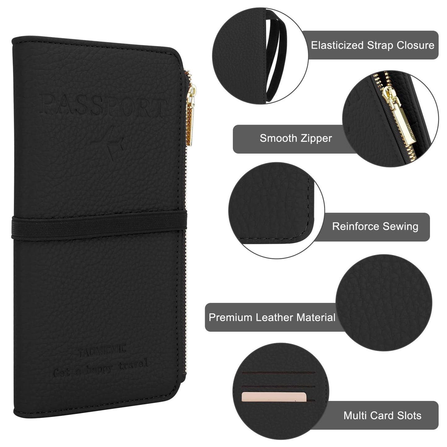 DOB SECHS Passport Holder for Travel Women Leather Passport Wallet RFID Blocking Passport Cover Case with Card Slots, Slim Travel Document Organizer Pouch Bag Zipper Cash Pocket Purse+ID Window, Black