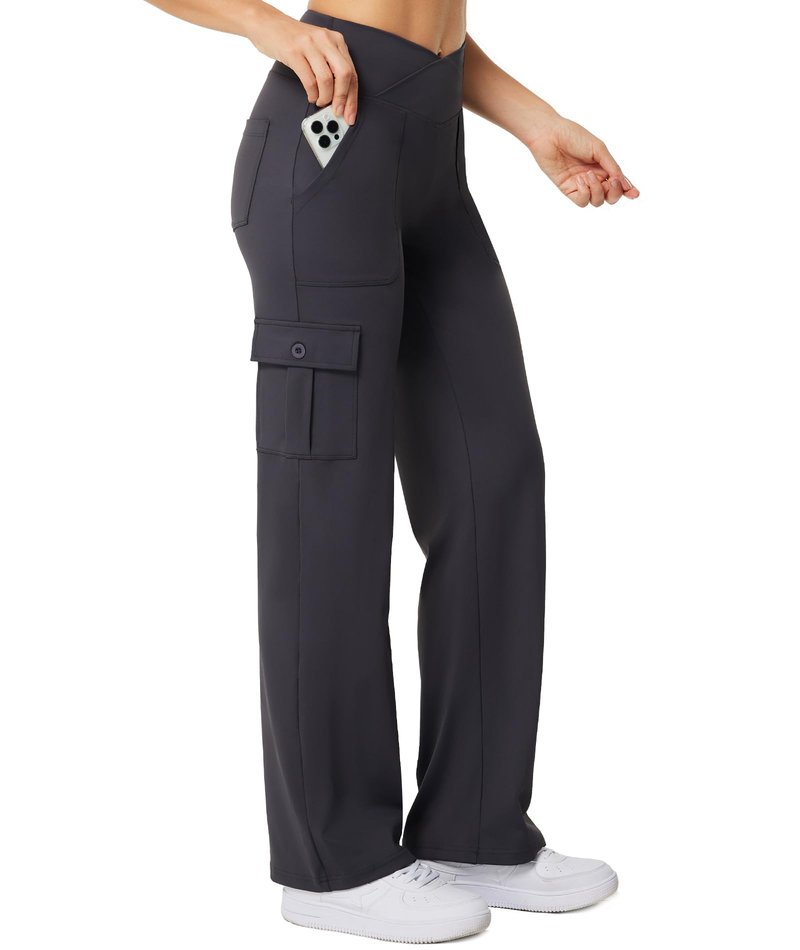 Casei Women's Wide Leg Yoga Pants with 6 Pockets Stretchy Cargo Work Dress Pants High Waisted Travel Scrub Trousers,Dark Gray(L)