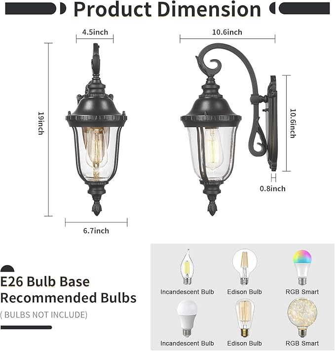 Outdoor Wall Light Fixture Black Porch Lights Outside Wall Mounted Lighting Clear Glass Shades Exterior Waterproof Lanterns Modern Outdoor Wall Sconces for Home, Yard, Patio