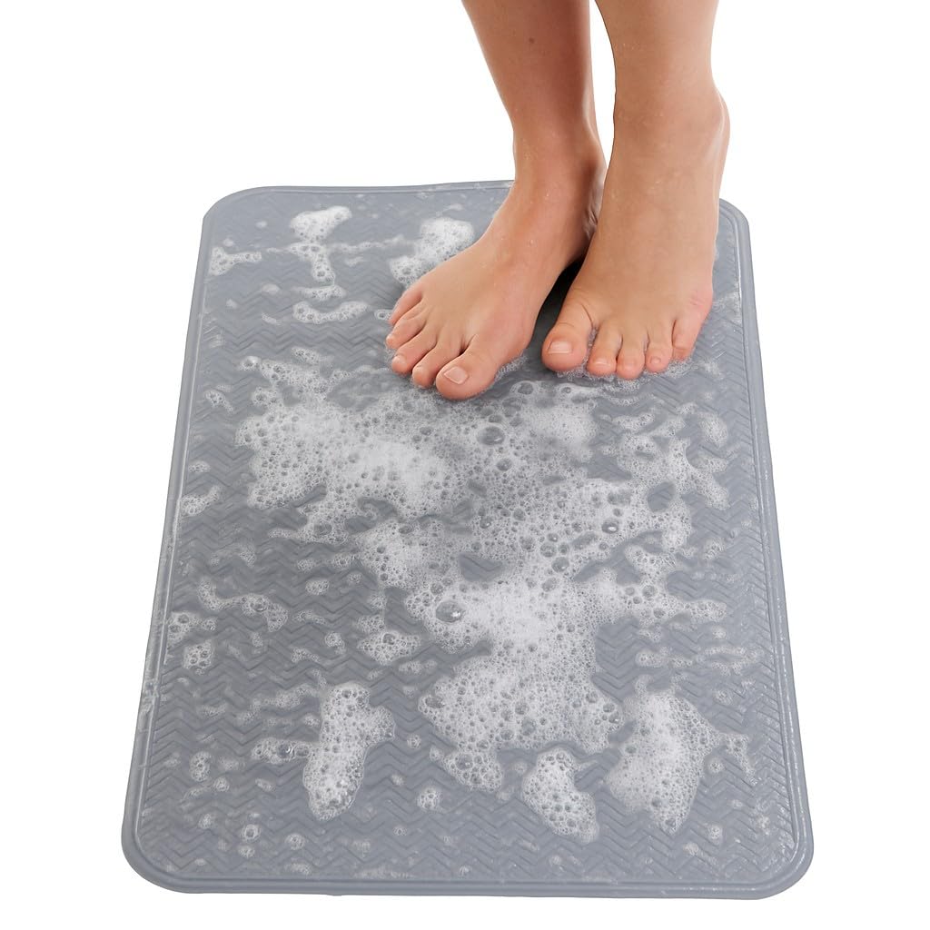 ENKOSI Non Slip Bath Mat for Tub and Shower Floors – Anti Slip Shower Mat with Secure Suction Cup Grip – Soft Grey Bathtub Mat for Inside Bath Tub and Smooth Bathroom Stalls (28x16 Gray)