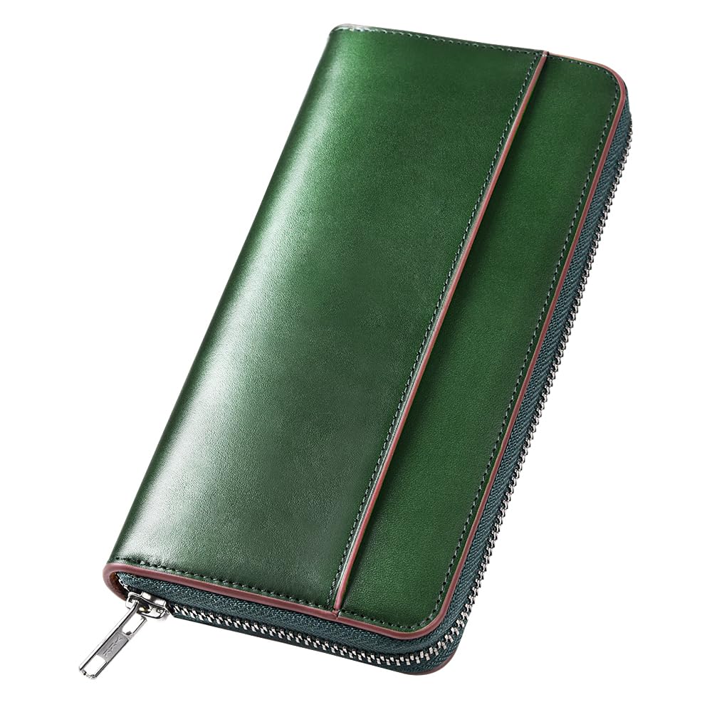 Extended Zippered Pouch Wallet in Genuine Leather, Unisex Design with Integrated Coin Purse (Green)