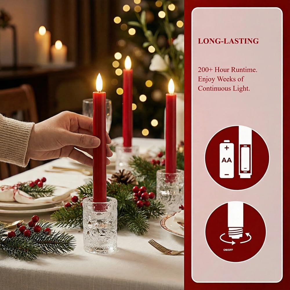 Simplelight Red Flameless Taper Candles with Timer, 9 Inch, Pack of 4