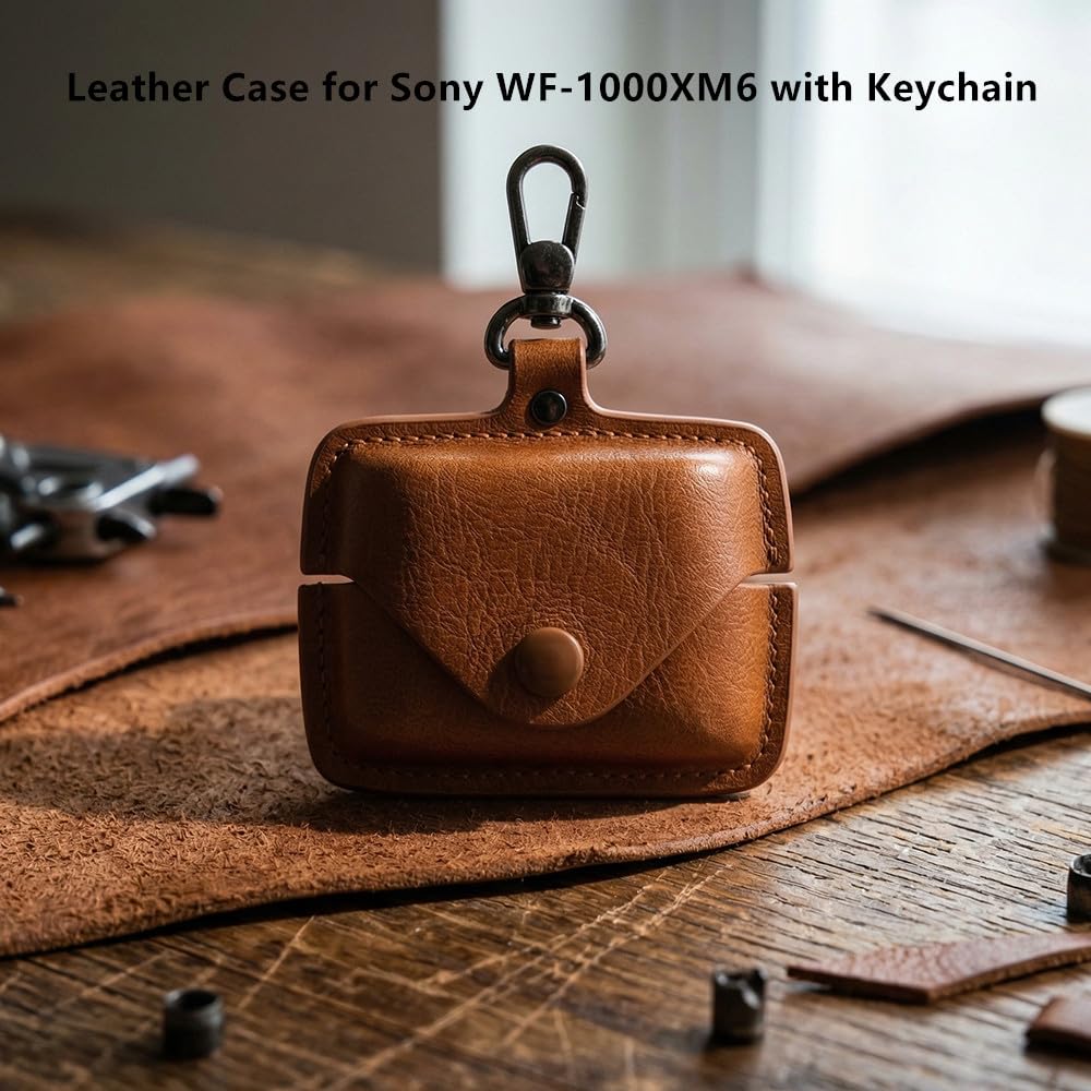 for Sony WF-1000XM6 Leather Case with Keychain Lock, Stylish Retro PU Leather Wireless Charging Earbuds Protective Cover for WF-1000XM6 (2026) for Women Men (Black)