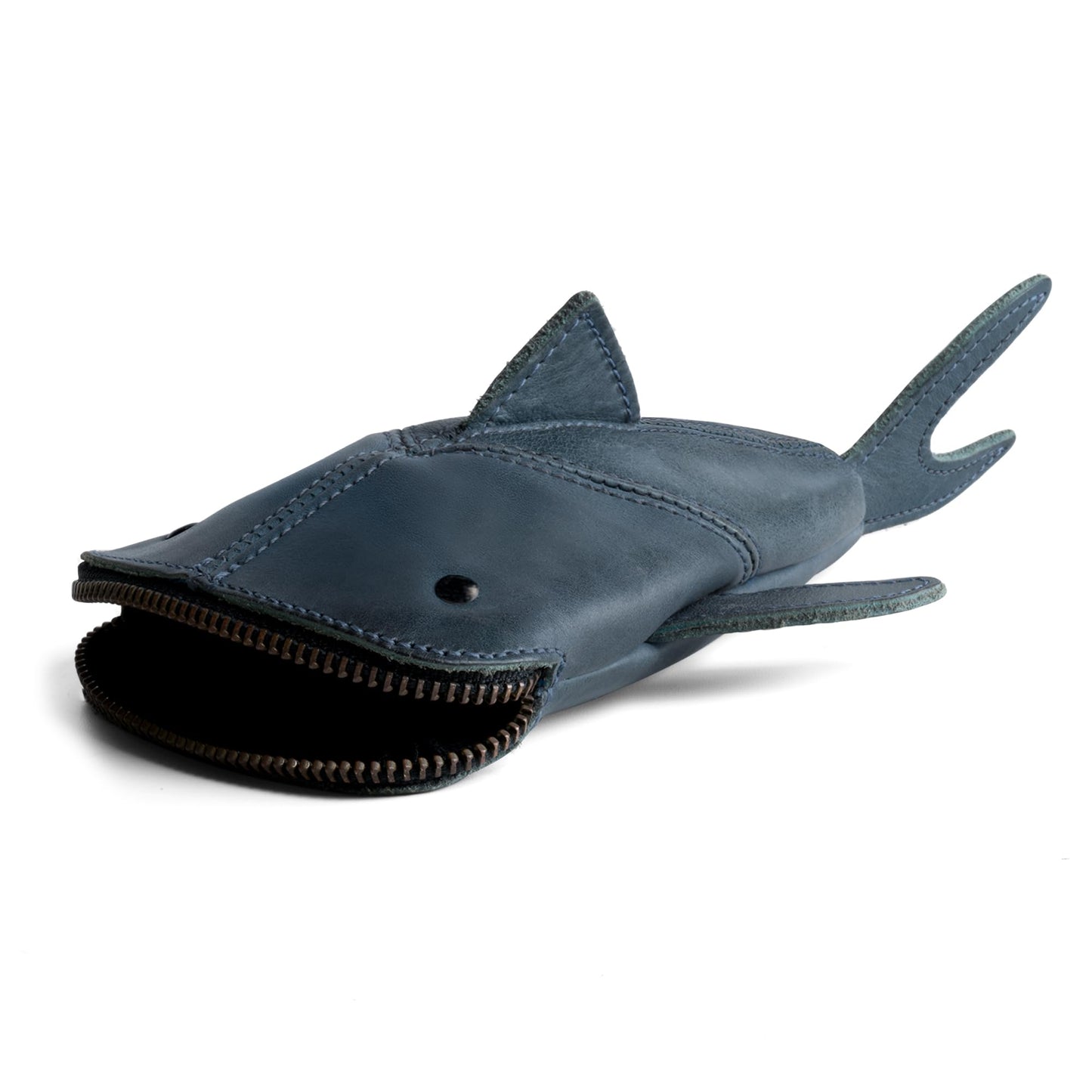 Hide & Drink, Full Grain Leather Zipper Coin Pouch, Change Bag, Pencil Purse, Scissors Case, Shark Shaped Cable Holder, Wallet, Makeup, Stuffed Animal, Handmade, Slate Blue