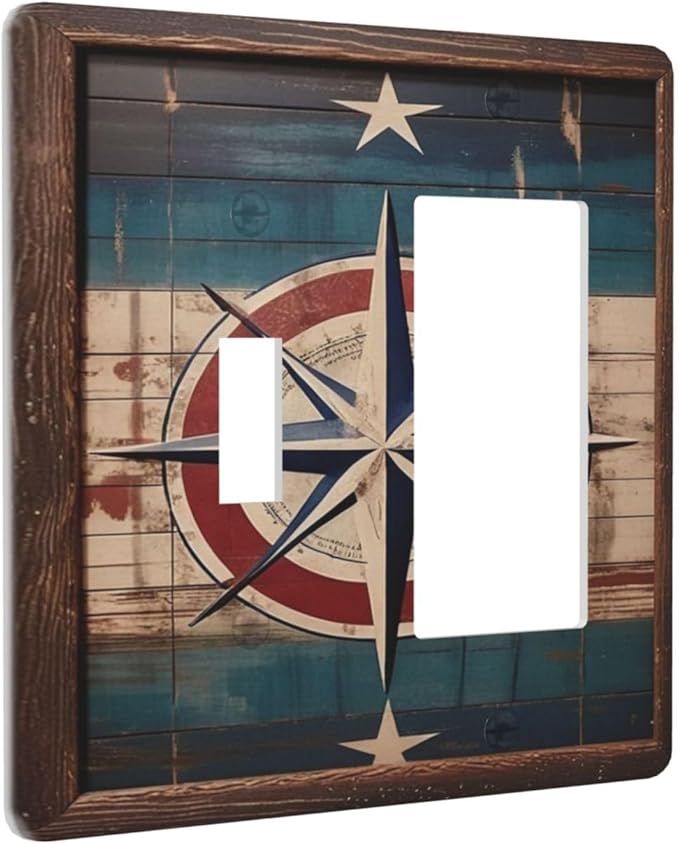 Decorative Art Light Switch Covers Nautical Rustic Star Emblem 2 Gang Single Toggle Rocker Combination Electrical Faceplate Switchplate Wall Plate for Home Decor