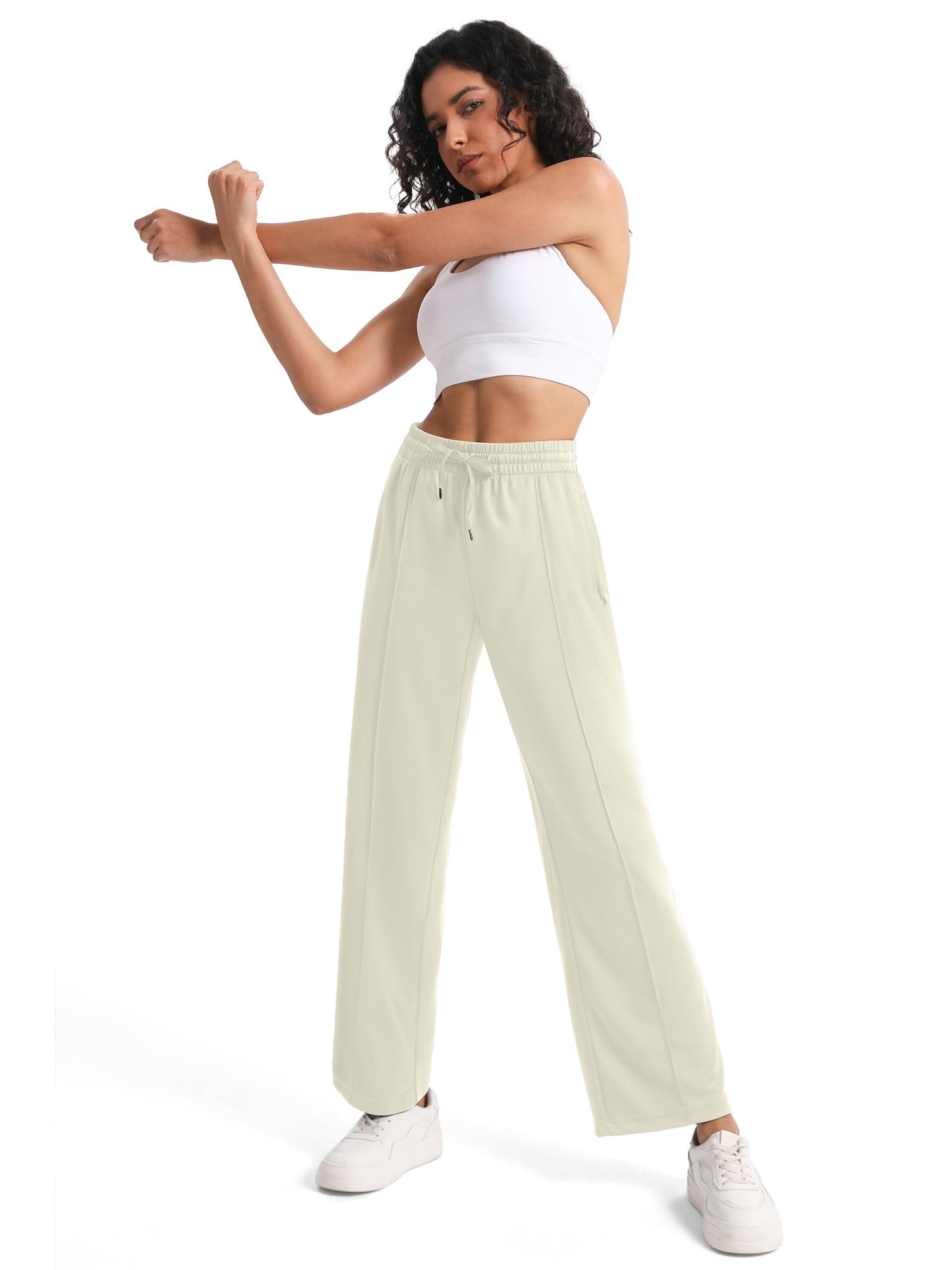 Tapata Petite Women's 28" Inseam Casual Pants Track Athletic Sweatpants Warm Up Loose Side Stripe Street Slacks, Beige, XL