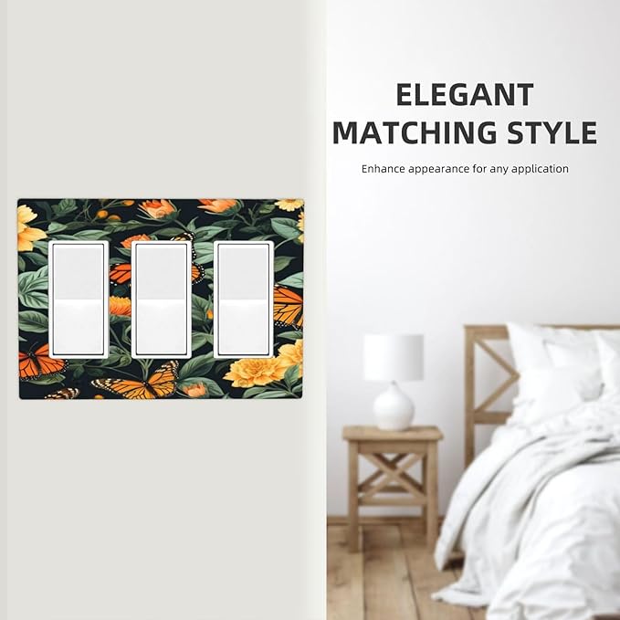 Butterflies Flower Garden 3 Gang Rocker Triple Outlet Wall Plate Decorative Switchplate Cover Faceplate GFCI Light Switch Covers for Farmhouse Living Decor