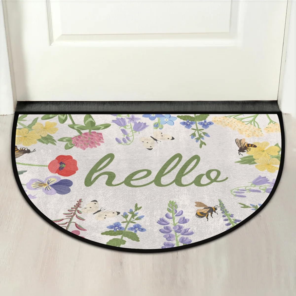Half Round Door Mat,Hello Floral Non Slip Absorbent Entrance Doormat,Spring Flower Welcome Mat for Front Door,Low-Profile Semi Circle Floor Mats Area Rugs for Home Kitchen Garage Patio,36" x 24"