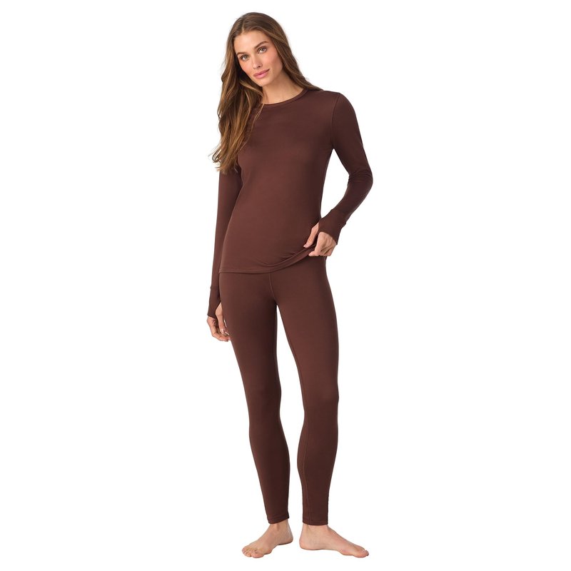 Cuddl Duds Womens Heavyweight Fleece 2 Piece Long Sleeve Thermal Underwear Set – Shirt & Leggings Base Layer for Cold Weather Winter Clothing Long Johns Lounge Sets for Women, Chocolate Brown, XXL