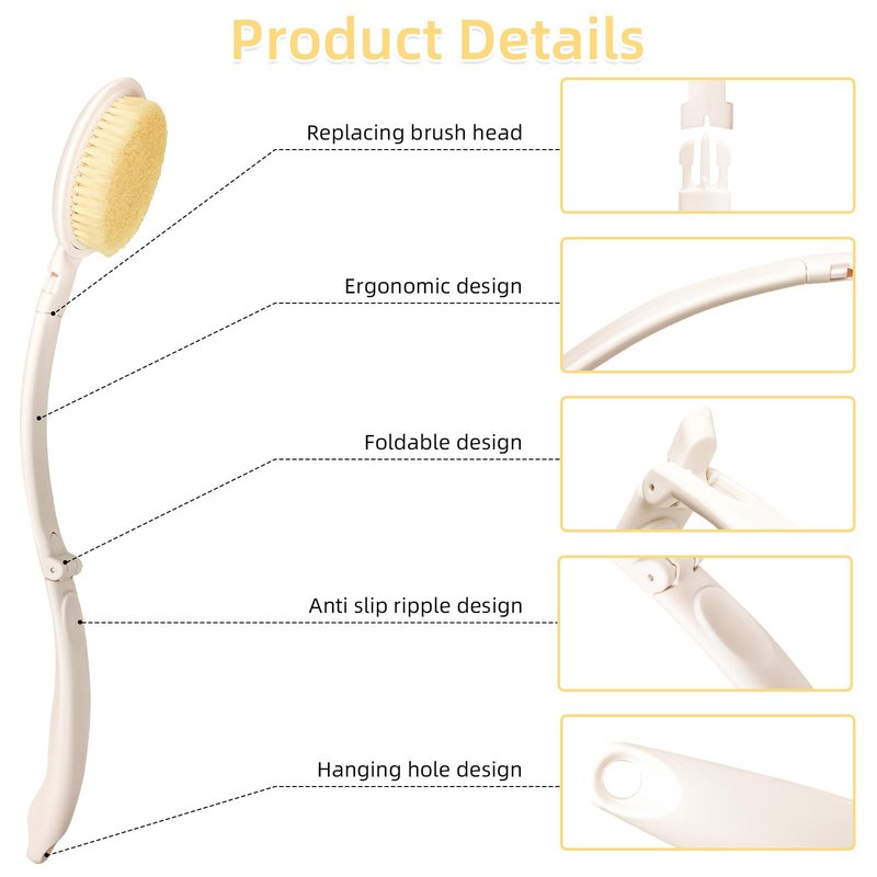 LFJ 19" Long Handle Shower Sponge Brush Set, 3 in 1 Body Brush, Bath Sponge and Lotion Applicator Improved Skin Health, Suitable for Men and Women (White Brush-1P)