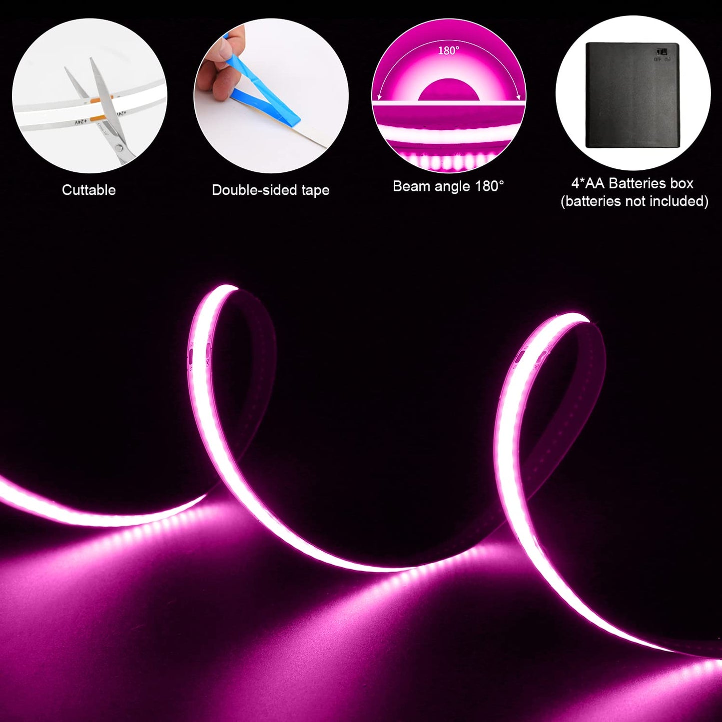 Smacen Battery Powered COB Led Strip Lights, 4.92Ft Battery Operated Pink LED Strip Light, High Brightness Flexible LED Tape Lights for Room, Cabinet, Bedroom, Kitchen, Party, Home DIY Decoration