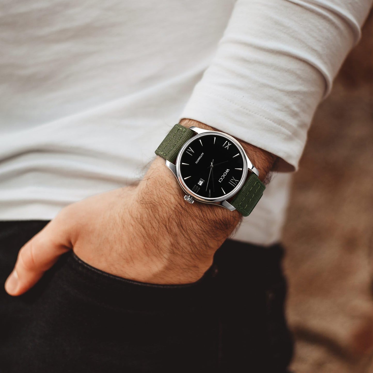 WOCCI 18mm Watch Band, Canvas Fabric, Quick Release, Replacement Strap, Black Buckle (Army Green)