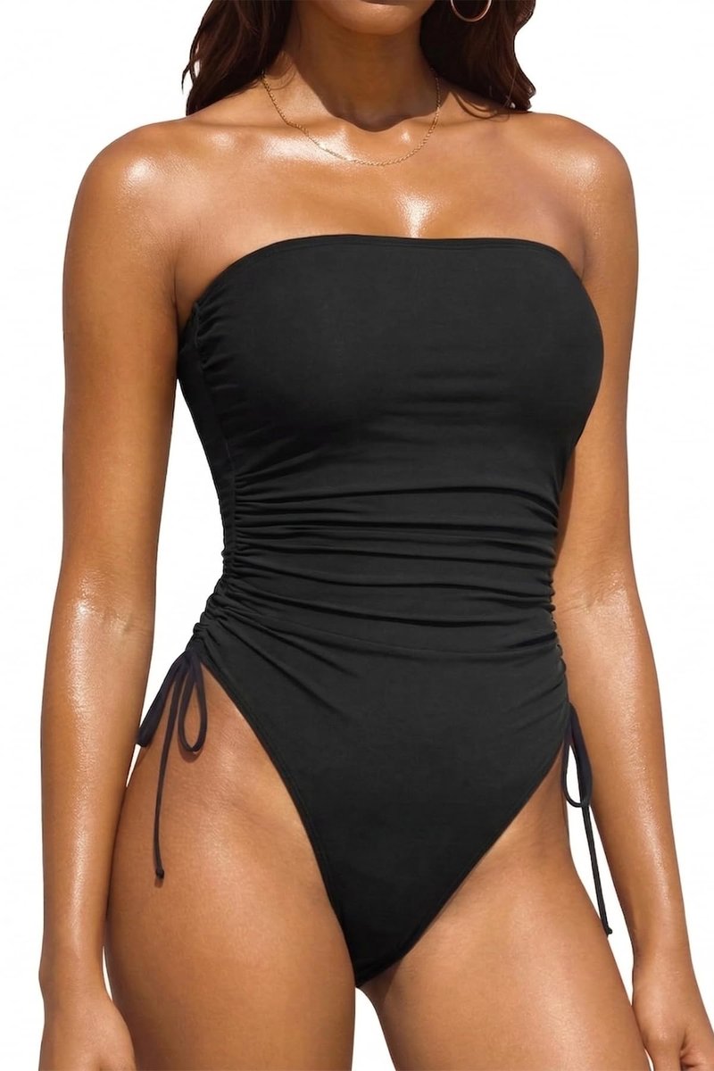 Yonique Women Strapless One Piece Swimsuit Tummy Control Bandeau Bathing Suit Cheeky Swimwear Black M