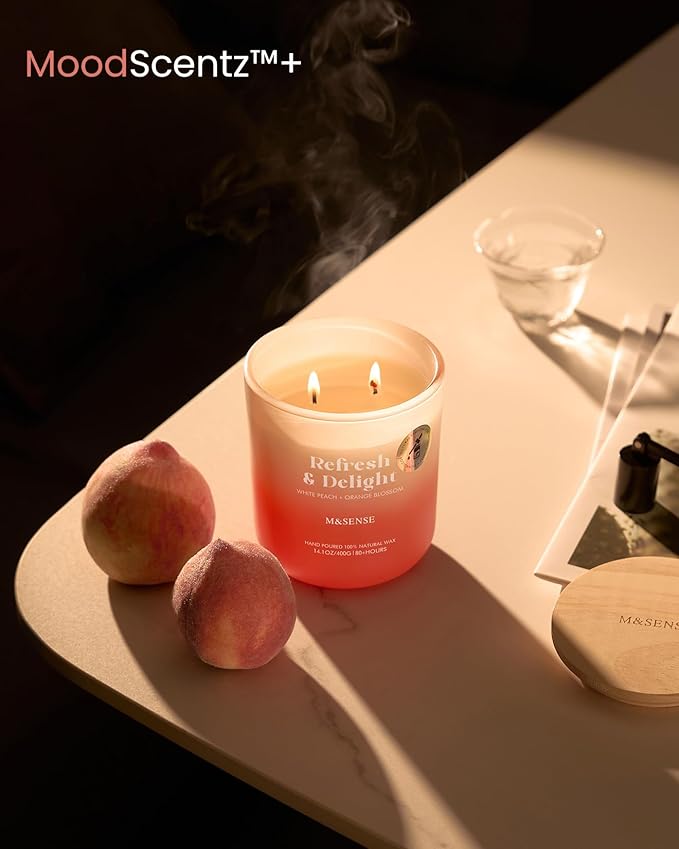 M&SENSE White Peach & Orange Blossom Scented Candle for Home, 14.1oz 80-Hour Non Toxic Long-Lasting Natural Soy Wax Scent Fragrance, 2 Wick Aromatherapy Candle for Women Men Family Friends
