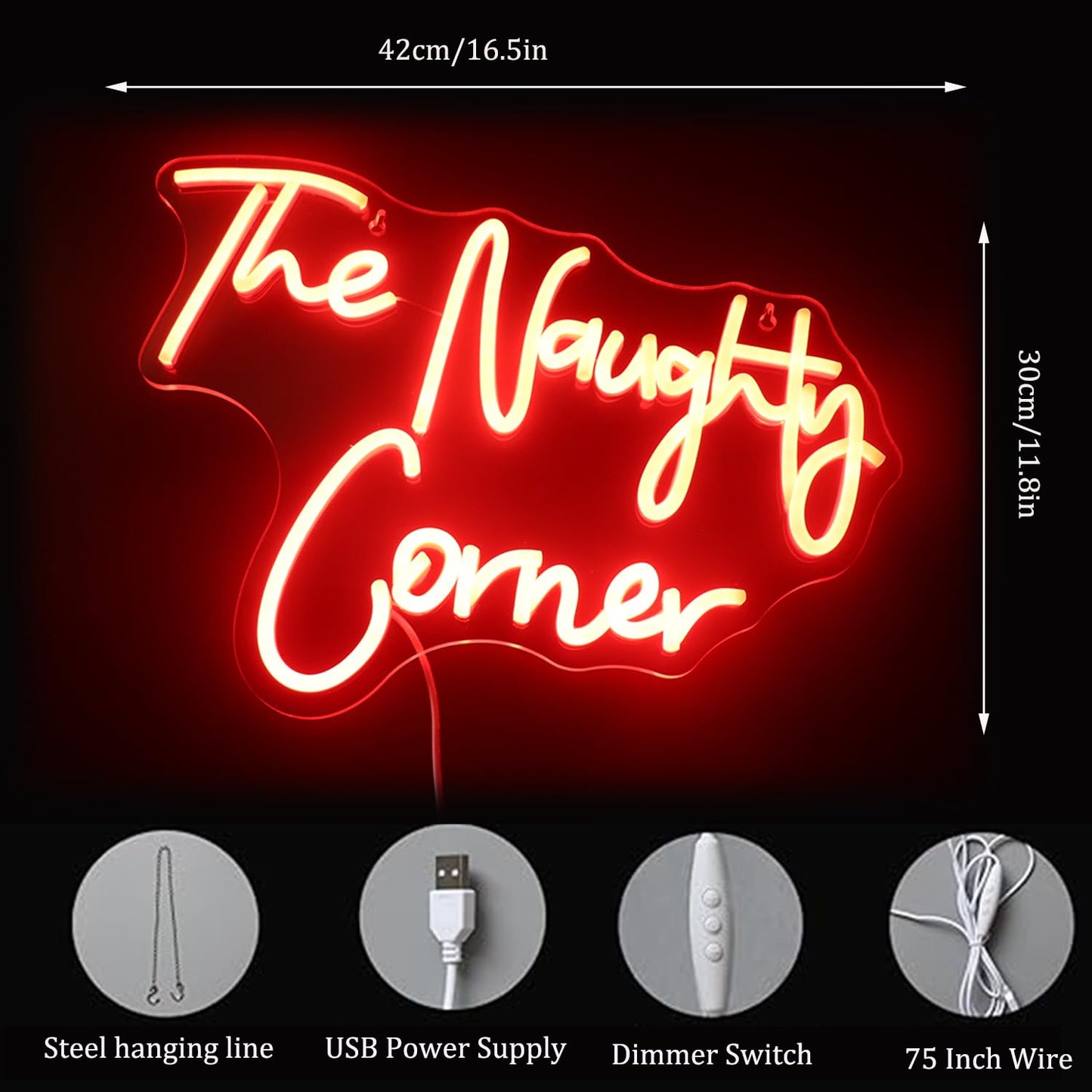 QiaoFei LED "The Naughty Corner" Neon Sign Word/Letters USB Powered Neon Lights for Girls Room Home Bar Art Wall Decor Party Window Living Room Decor Birthday Christmas' Gift(Red)