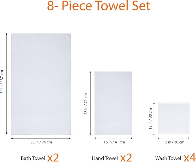 Amazon Basics 100% Cotton Soft Quick-Dry 8-Piece Towel Set, Bath Towels