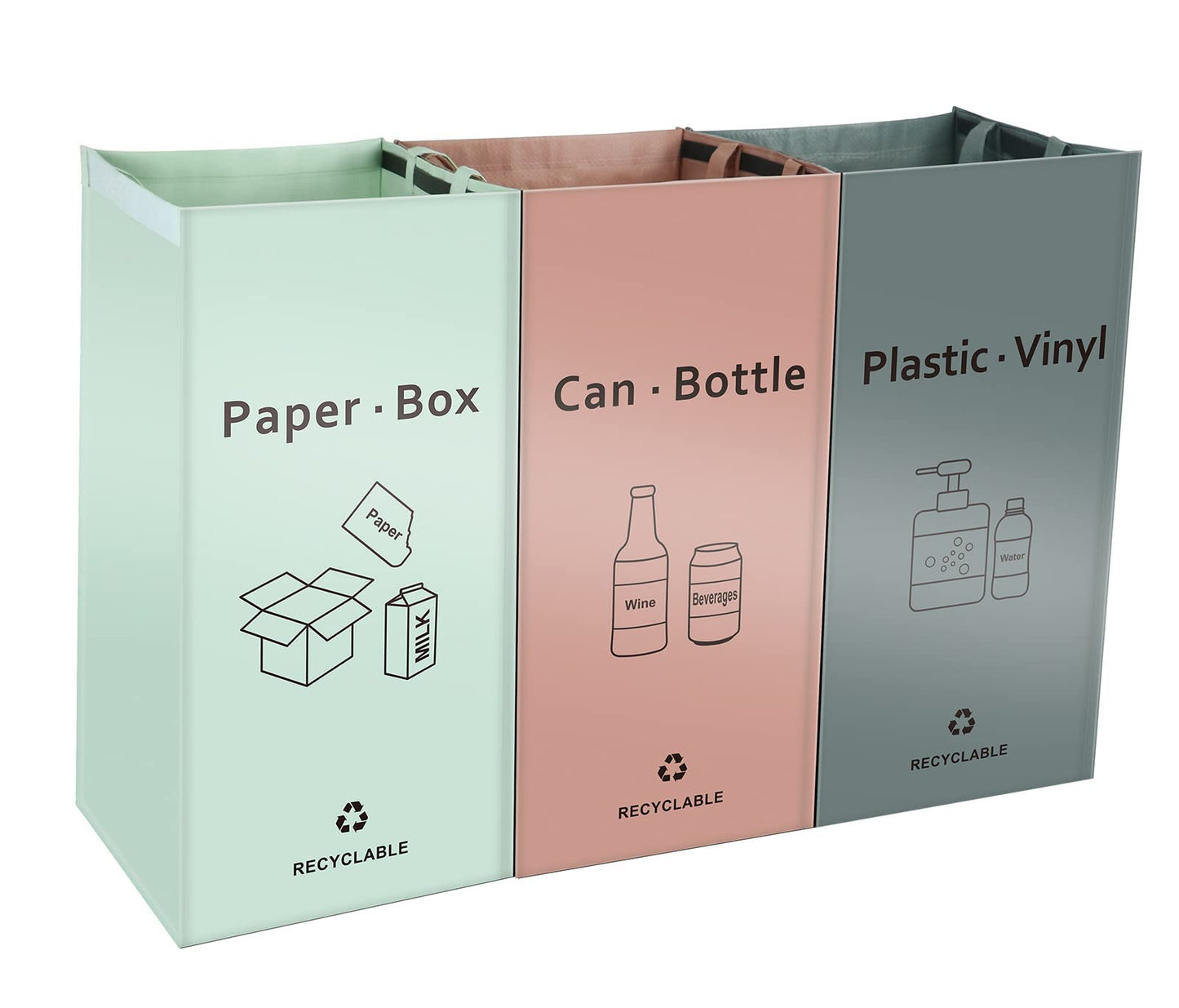 JIALAI HOME Separate Recycling Bin for Kitchen Home - Indoor Recycle Bins (Pink, Green, Gray) Waste Trash Sorting Bins, Reusable Waterproof Affordable Recycle Bags, Pack of 3 Bags