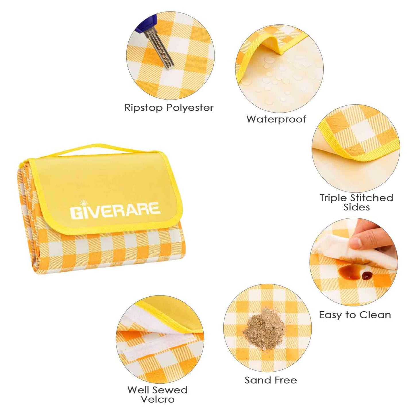 Picnic Beach Blanket Extra Large, XL Sandproof Waterproof Outdoor Camping Blankets 80x60in, Sand Free Oversized Mat, Quick Drying Portable Mats for Travel, Hiking, Music Festival, Lawn-Yellow
