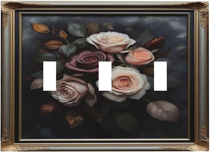 Decorative Art Light Switch Covers Elegant Rose Bouquet Art 3 Gang Triple Toggle Wall Plate Decorative Switch plate Electrical Faceplate for Home Decor