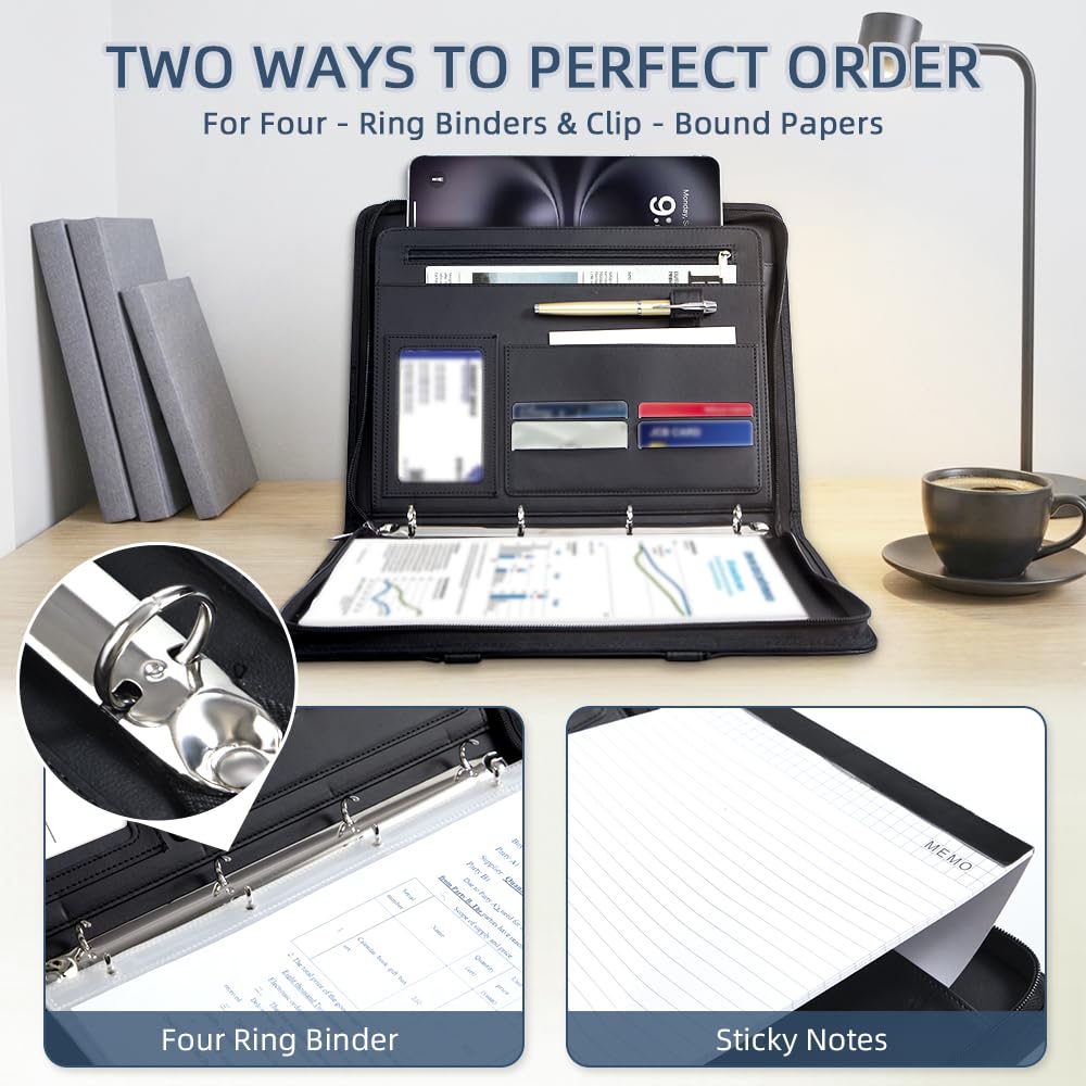 [BRAVE ELK] All-in-One Zippered Padfolio Business Portfolio, Textured Leather Portfolio Binder with 40 Transparent Sleeves, Tablet Holder & Writing Pad, Professional Document Organizer for Men & Women